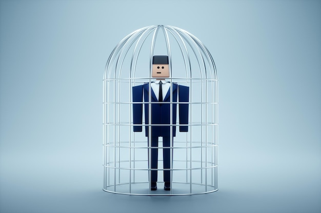 Businessman in a suit in a metal cage Possibilities are limited business metaphor mind prison problems difficulties 3D render 3D illustration