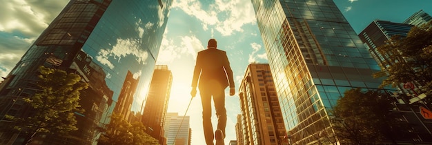 businessman in a suit playing golf in the city