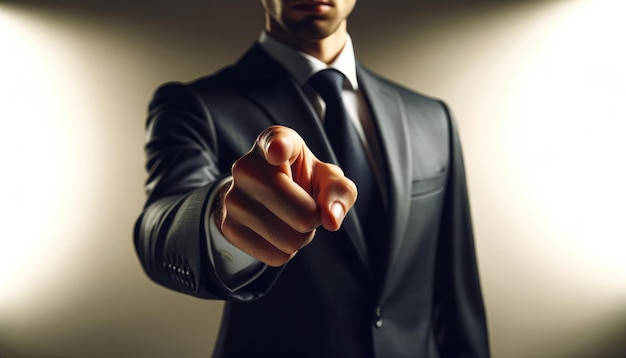 Photo businessman in suit pointing finger directly