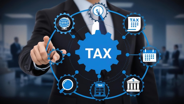 A businessman in a suit points at a blue gear with the word quotTAXquot on it surrounded by icons representing taxrelated concepts
