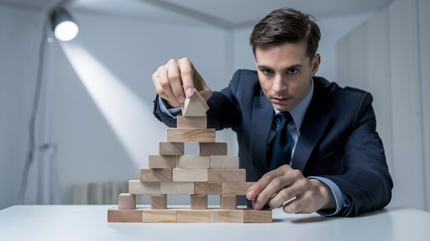 Businessman in a suit putting the last piece of a pyramid using wooden blocks