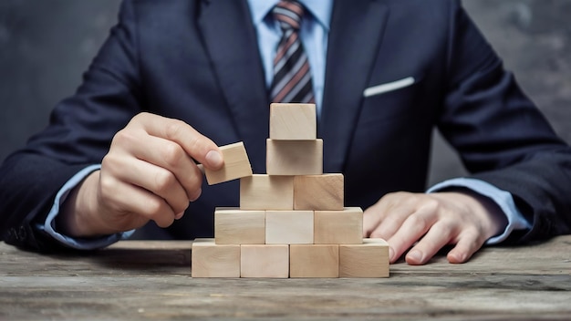 Businessman in a suit putting the last piece of a pyramid using wooden blocks