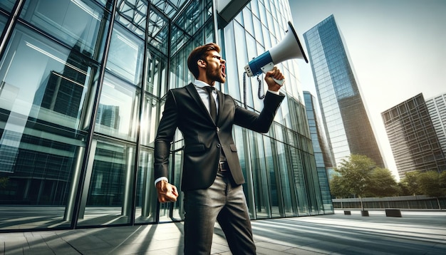 Бизнесмен в костюме кричит в мегафон на оживленной городской улице, передавая срочность или маркетинг