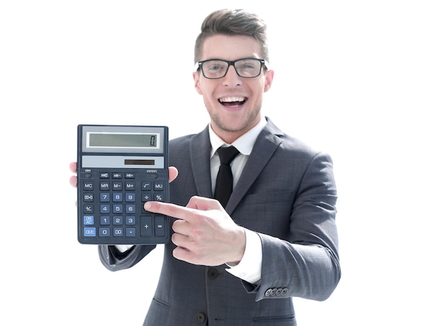 Businessman in suit showing calculator