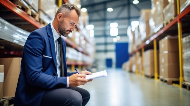 Businessman in a suit signs a contract for delivery of products against the background of a logistics center created with generative ai technology