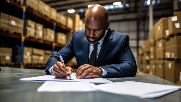 Businessman in a suit signs a contract for delivery of products against the background of a logistics center Created with Generative AI technology