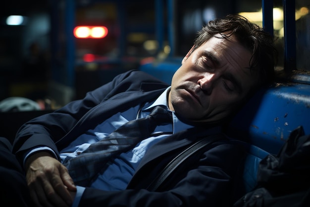 Businessman in suit sleeping on the bus on the way home from work