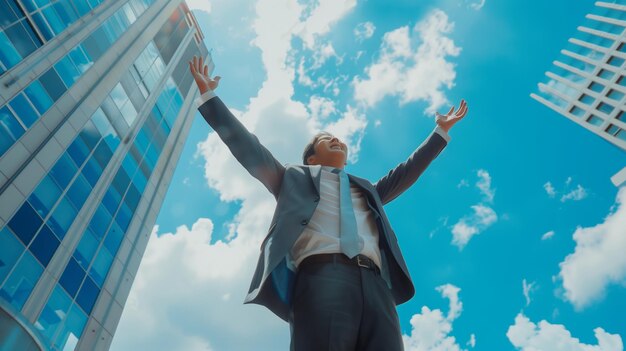 Photo businessman in suit standing by tall building