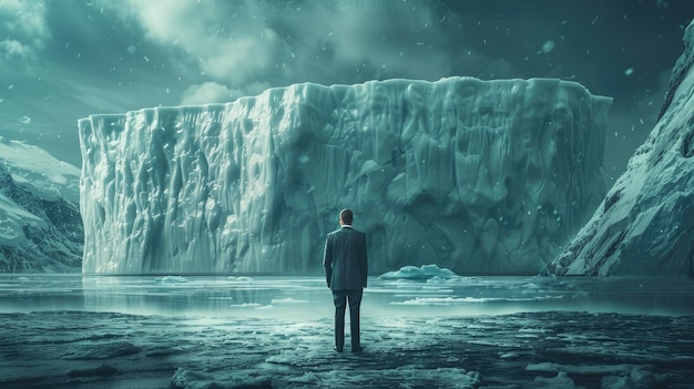 A businessman in a suit stands attentive and gazing ahead at a huge iceberg Generative Ai