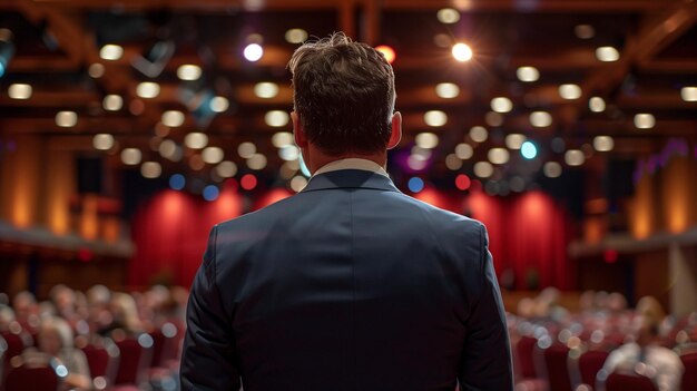 Photo a businessman in a suit stands in front of a stage in conference event