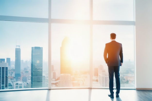 A businessman in a suit stands at panoramic windows looks at the city from skyscrapers