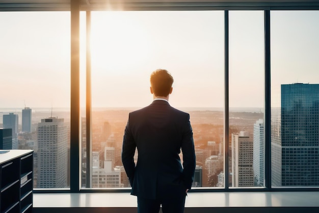 A businessman in a suit stands at panoramic windows looks at the city from skyscrapers