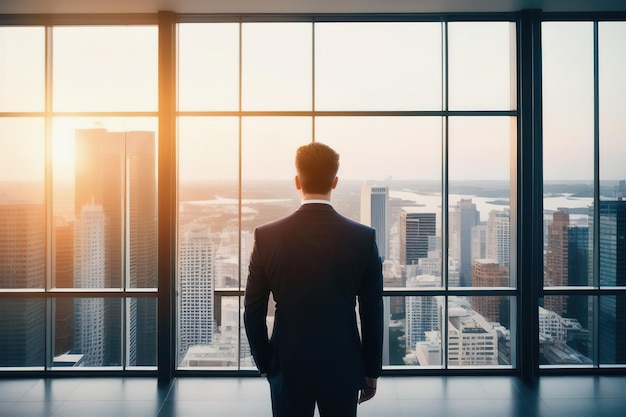 A businessman in a suit stands at panoramic windows looks at the city from skyscrapers