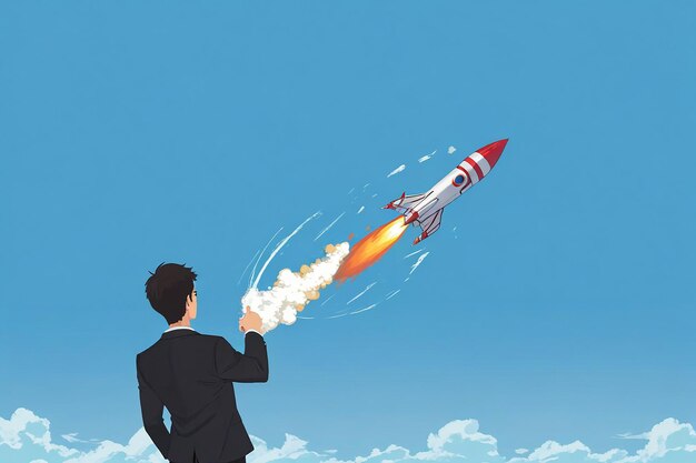 Businessman in suit throwing rocket in sky success and startup concept