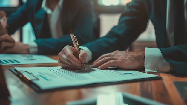 Businessman in suit and tie signing a contract or financial document while sitting at a desk in an office