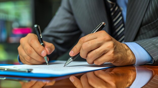 Businessman in suit and tie signing a contract