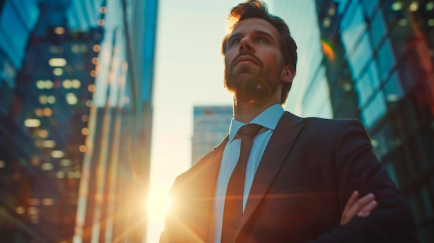 Photo businessman in suit and tie standing in front of skyline generative ai