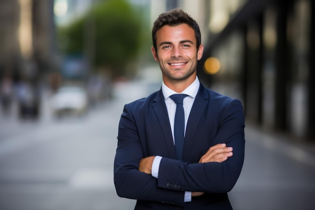 a businessman in a suit and tie standing outside