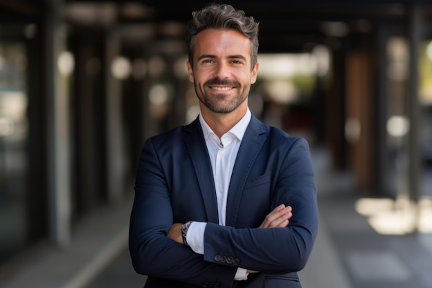 a businessman in a suit and tie standing outside