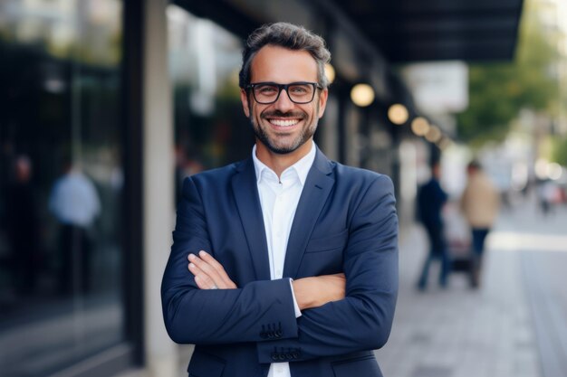 a businessman in a suit and tie standing outside