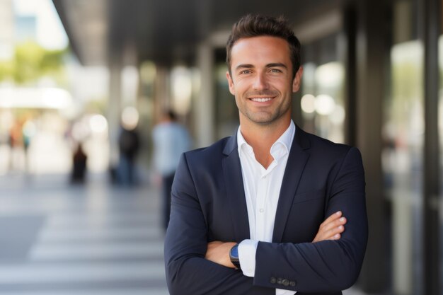 a businessman in a suit and tie standing outside