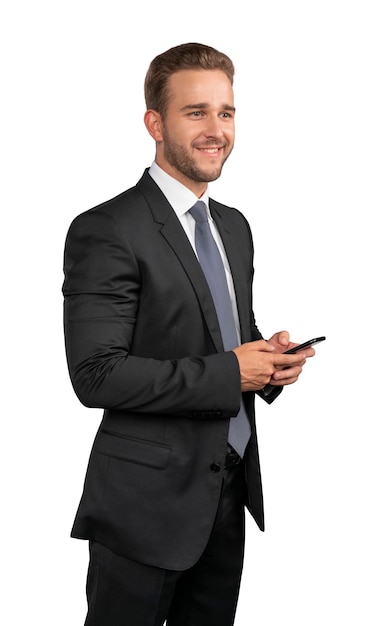 Businessman in suit and tie with phone isolated over white background