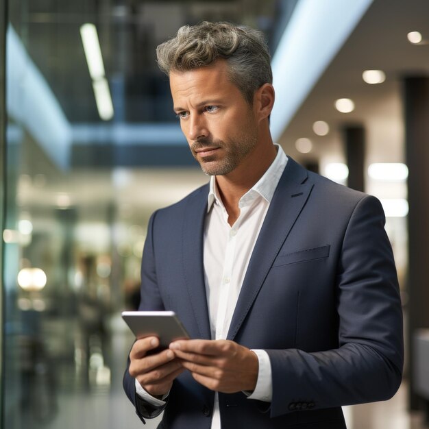 Photo businessman in suit using tablet