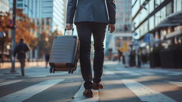 Photo businessman in suit walking down the city street with his luggage