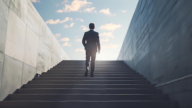 Photo a businessman in a suit walking up a flight of stairs toward the light the image is full of hope and inspiration