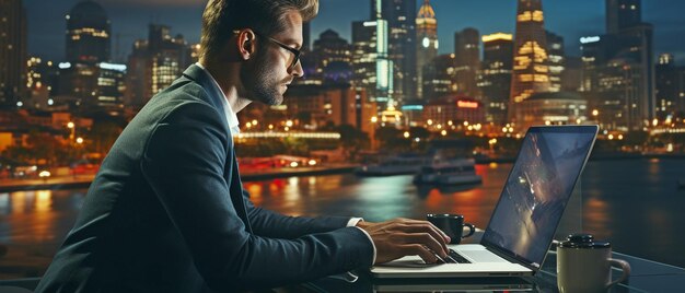 Бизнесмен в костюме с уверенностью в себе работает на ноутбуке за столом в современном офисе
