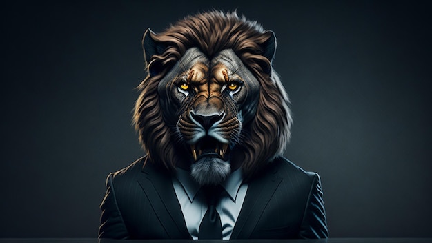 Businessman in a suit with a lion's head on a dark background Business concept