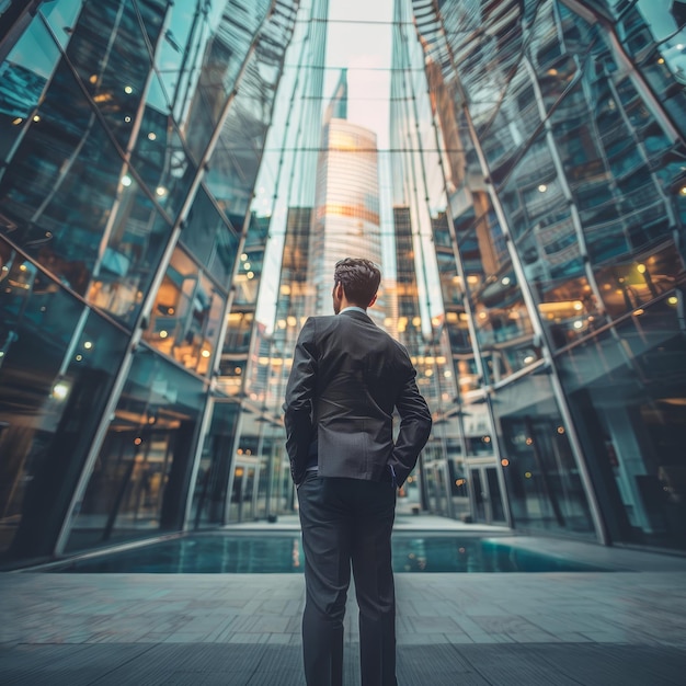 Businessman in suit with office buildings for economic market investment and financial success