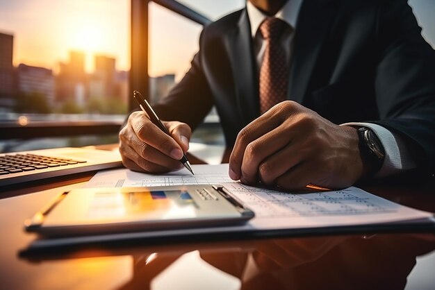 Photo businessman in suit working on paperwork at desk