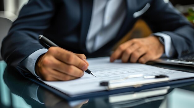 Businessman in suit writing on clipboard with pen signing a contract or filling out paperwork