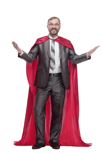 Businessman in a superhero cape isolated on a white background