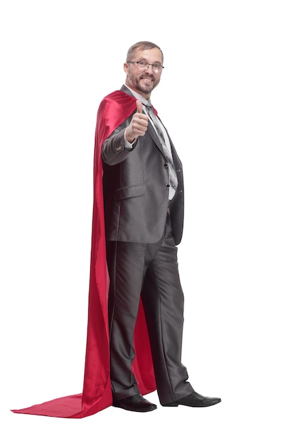 Businessman in a superhero cape isolated on a white background