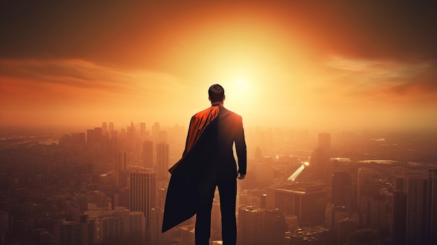 Businessman Superhero in City with Sunset Generative AI