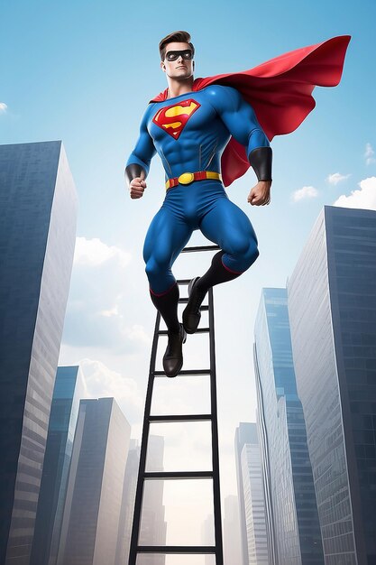 Бизнесмен-супергерой летает, бизнесмен поднимается по лестнице, бизнес-конкурсная концепция.