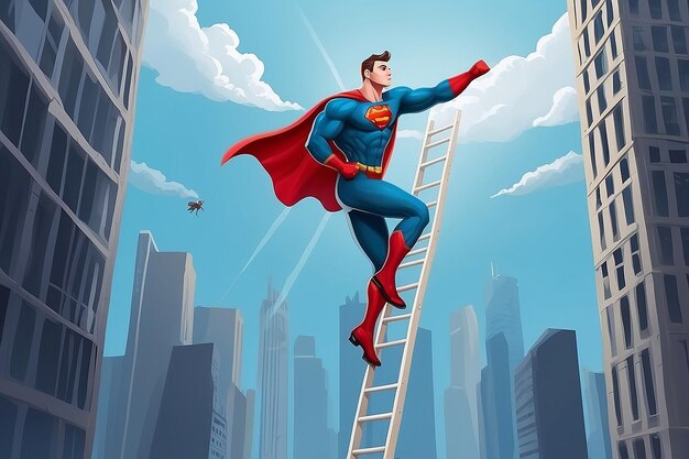 Businessman superhero fly pass businessman climbing the ladder Business competition concept