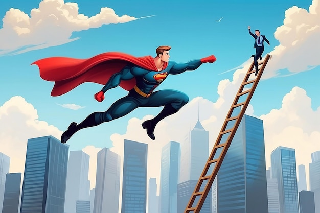 Businessman superhero fly pass businessman climbing the ladder Business competition concept