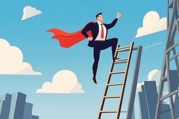 Businessman superhero fly pass businessman climbing the ladder Business competition concept