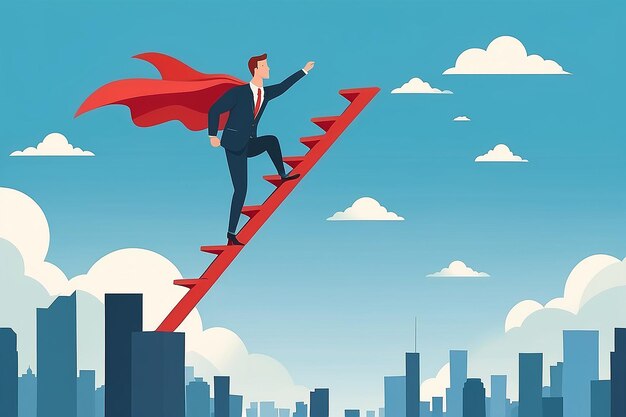 Businessman superhero fly pass businessman climbing the ladder Business competition concept