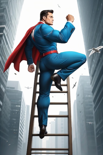 Фото Бизнесмен-супергерой летает, бизнесмен поднимается по лестнице, бизнес-конкурсная концепция.