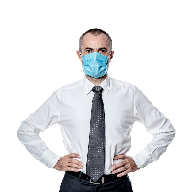 Photo businessman surgical mask for protection against coronavirus covid 19 virus. isolated on white.