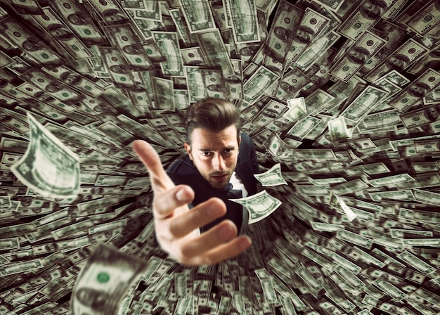 Photo businessman swallowed by black hole of money. concept of fail