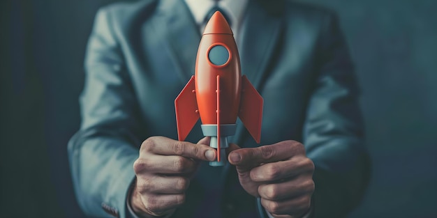 Photo a businessman symbolizes investment growth and corporate business startup with a virtual rocket and target group concept business investment corporate startup virtual rocket target group