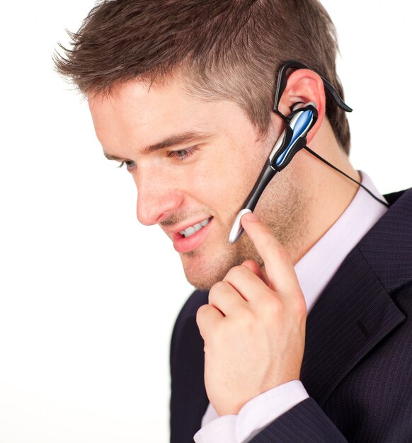 Businessman talking on a headset 