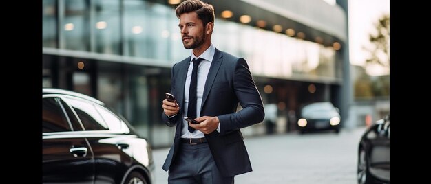 Foto uomo d'affari che parla su uno smartphone in piedi vicino all'auto