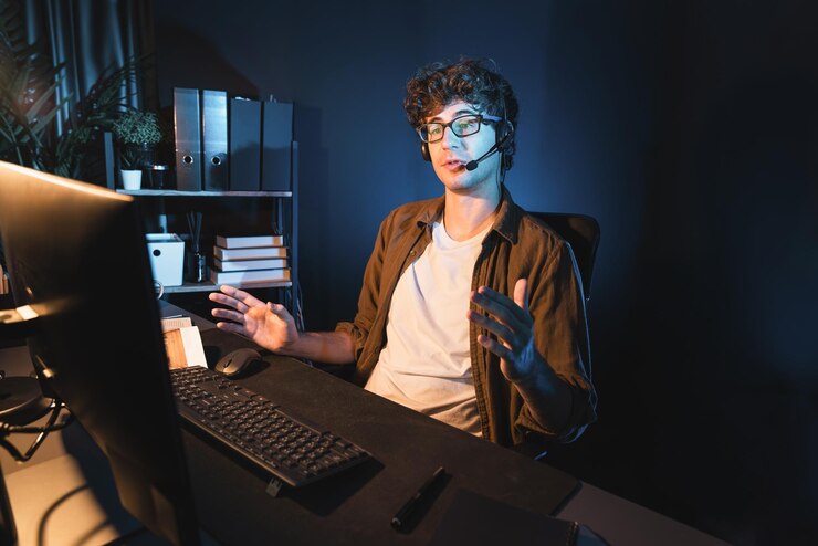 Photo businessman talking with listeners on broadcasting on social media gusher
