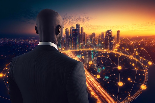 Businessman on technological cityscape background